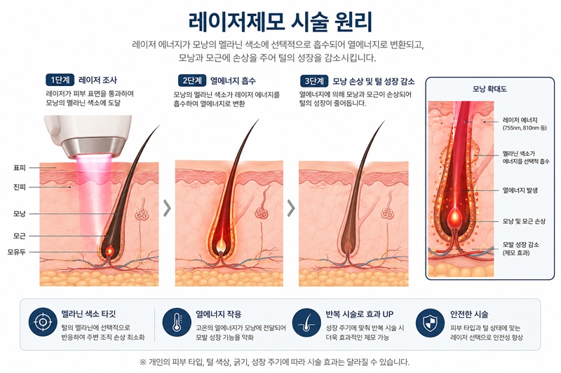 제주레이저제모 시술 원리와 모낭에 전달되는 레이저 에너지 설명 이미지