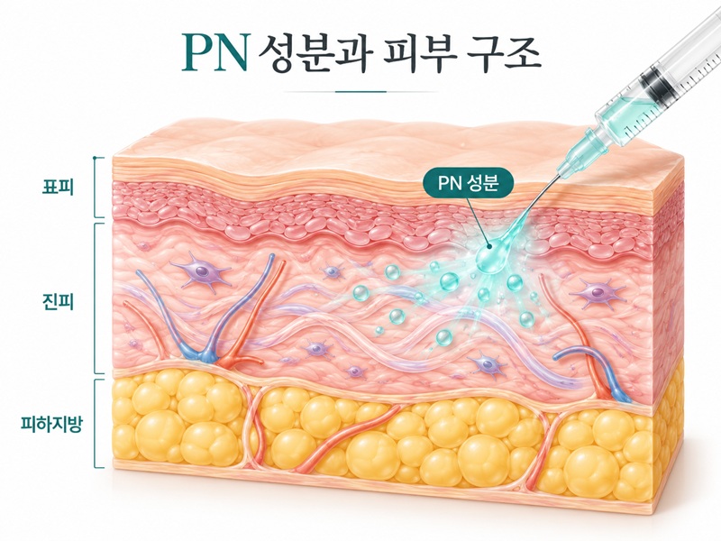 리쥬란 PN 성분의 진피층 주입 원리와 표피 진피 피하지방 구조를 설명하는 의료 일러스트