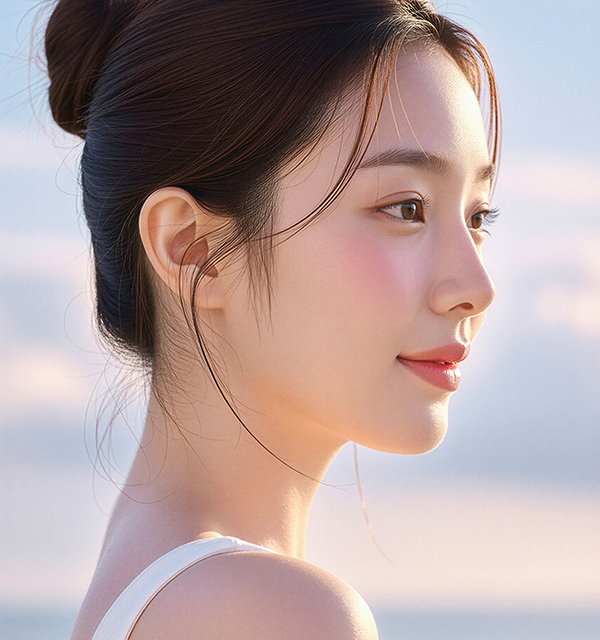 조각주사 시술 후 갸름하고 자연스러운 얼굴 윤곽을 보여주는 여성 모델
