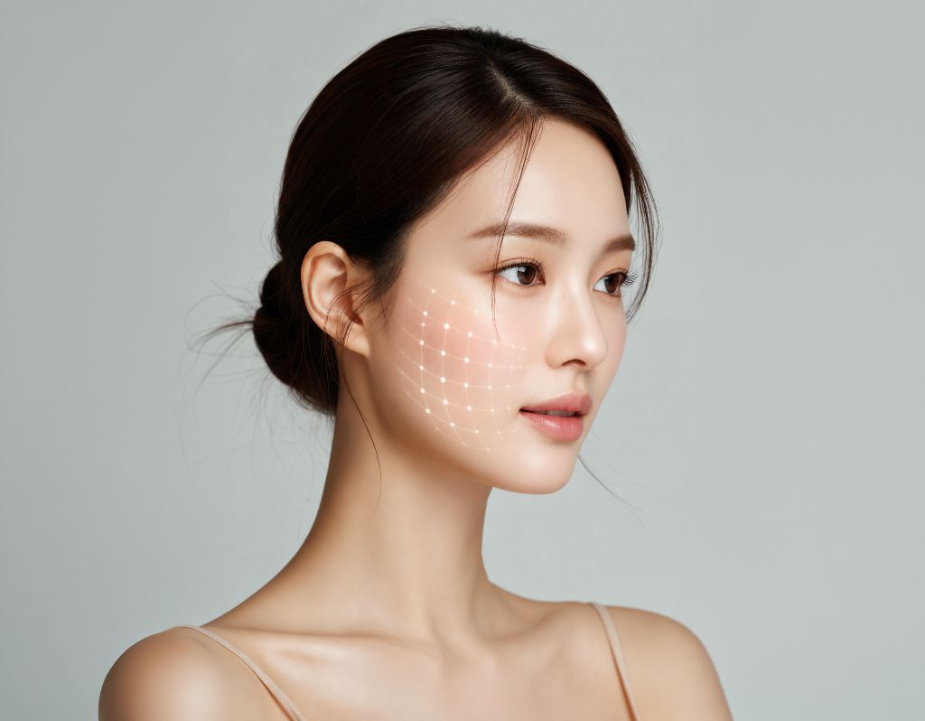 리프팅 시술 부위를 나타내는 격자 그래픽이 오버레이된 여성의 피부 클로즈업